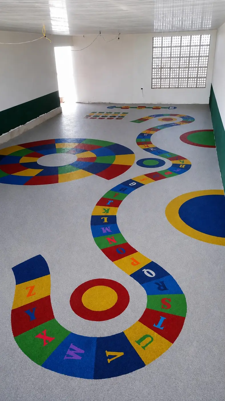 Trilha do alfabeto em borracha colorida integrada ao piso claro